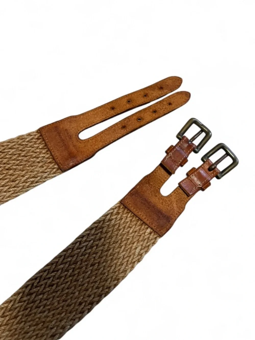 Vintage Banana Republic Woven Cotton and Leather Belt w/Double Brass Buckles